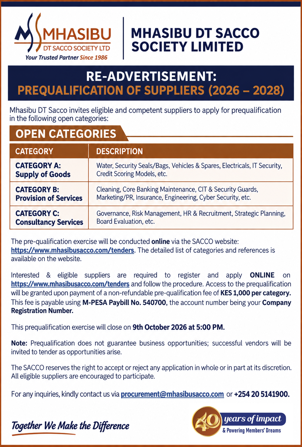 Mhasibu DT Sacco - Prequalification of Suppliers 2026 to 2028